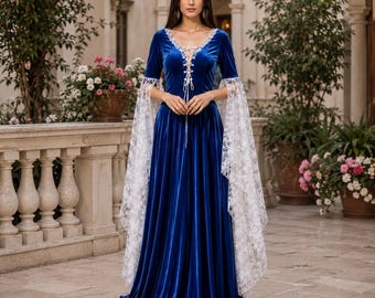 Vestido renacentista de terciopelo azul real, vestido medieval, vestido de fantasía gótica, disfraz para feria renacentista, vestido de princesa con mangas acampanadas de encaje.