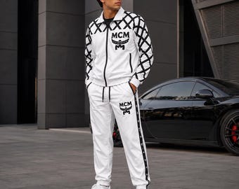 Chaqueta deportiva blanca MCM, chaqueta de ropa urbana de diseño para hombre, chaqueta deportiva de lujo con monograma, chaqueta con cremallera en blanco y negro, moda urbana.