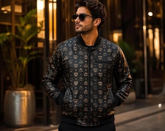 Chaqueta bomber negra MCM para hombre, chaqueta con monograma de diseñador, chaqueta urbana de lujo.