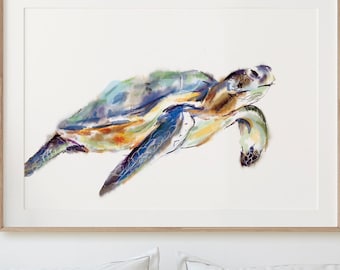 Vibrant Sea Turtle Watercolor Painting for Modern Coastal Decor, Colorful Ocean Marine Life Wall Art, Beach Home Decor, Signed by Artist