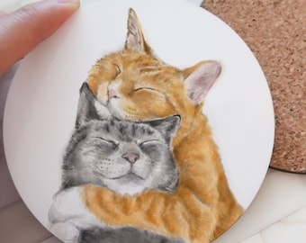 Cats in Love Coaster, Introvert and Extrovert Cats, Couple Gift for Anniversary, Wedding, Kitten Kitchen Organizer, Cork Backed Drink Mat