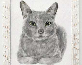 Gray Cat Modern Watercolor Painting, Home Wall Art Print, Crazy Cat Lady, Cat Lover Unique Gift, Minimal, Russian Blue, Signed by Artist