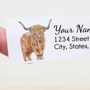 Personalisierte Adressaufkleber Set mit 120 Highland Kuh Aufklebern, Einweihungsgeschenke für neues Bauernhaus, Rinderhof Thema Namensschilder, handgefertigt