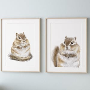 Cute Chipmunks Nursery Art Set - Baby Girl Room Decor, Woodland Animal for Bedroom, Boho Minimalist Forest Watercolor Painting