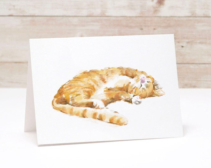 Tarjeta de acuarela de gato atigrado naranja, nota artística de gatito jengibre