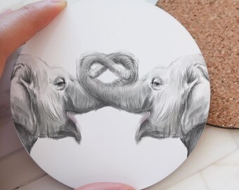 Elephants in Love Coaster, Watercolor Elephant Couple Art, Anniversary Drink Mat, Long Distance Safari Home Office, Sturdy with Cork Back