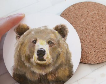 Grizzly Bear Drink Coaster, Cork Backed Coffee Table, Brown Glossy Rustic Cabin Home Decor, Woodland Animal Gift, Unique Housewarming Gift