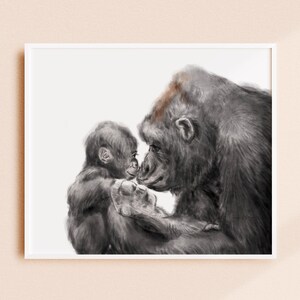 Watercolor Gorilla Mom and Baby Art Print, Gender Neutral Nursery image 2