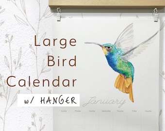 Bird Wall Calendar | Watercolor Monthly Art Planner with Large Writing Space | Undated w Hanger | Bird Lover Gift | 11x17"