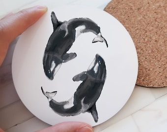 Orca Whale Coaster, Coastal Kitchen Art, Two Killer Whales Drink Mat, Pacific Ocean Lover Gift, Modern Beach House, PNW Nature in Vancouver