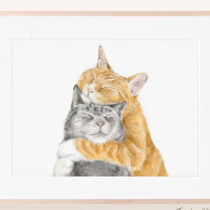 Cat Snuggles in Love Art Print anniversary, poster, sweet cute adorable wall decor nursery, gift for wife, her wedding, friendship image 2