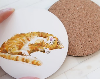 Orange Cat Coaster for Home Office, Cork Backed Coffee Table, Ginger Tabby Art, Kitten Lover, Desk Organizer Housewarming Gift