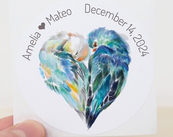 Personalized Wedding Stickers (Name and Date), Floral Garden Party Favor, Romantic Destination Vintage, Lovebird Custom Gift Tag