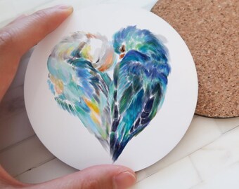 Lovebird Coaster, Watercolor Bird Couple Art, Anniversary Gift for Bird Lovers, Romantic Love Birds Decor, Wedding Favor, Small Housewarming