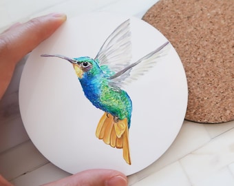 Hummingbird Coaster, Watercolor Bird Art, Spring Gardener Gift, Floral Kitchen Decor, Bird Watcher Present, Drink Mat, Mother's Day Gift