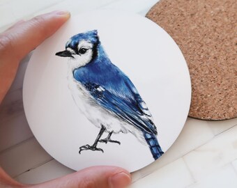 Blue Jay Coaster, Watercolor Bird Art, Bird Watcher Drink Mat, Gardener Office Desk, Backyard Bird Decor