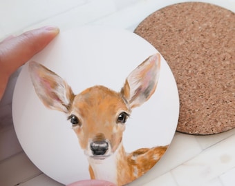 Deer Coaster, Watercolor Fawn Art, Woodland Baby Animal, Forest Nature Minimalist Decor, Brown Rustic Drink Mat for Coffee or Tea