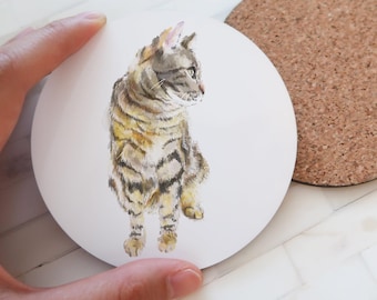 Gray Tabby Coaster, Minimalist Zen Cat Art, Peaceful Modern Quiet Kitchen Vibe, Simple Watercolor Decor, Neutral Toned Theme, Wabi Sabi