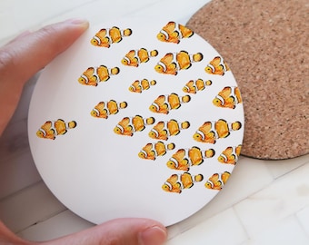 Clownfish Coaster, Watercolor Sea Life Art, Tropical Fish Drink Mat, Ocean or Beach House Gift, Coral Reef Decor for Scuba Diver