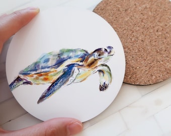 Sea Turtle Coaster, Green Blue Beach House Decor for Kitchen, Ocean Lover Gift, Coastal Teals Home, Tropical Nautical Animal