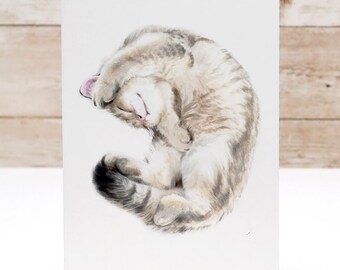 Cute Cuddly Cat Greeting Card – 4x6” Blank Note Card, Frameable Watercolor Cat Art Print