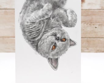 Grey Shorthair Cat Blank Card – 4x6” Watercolor Art Print, Frameable Greeting Card for Cat Lovers
