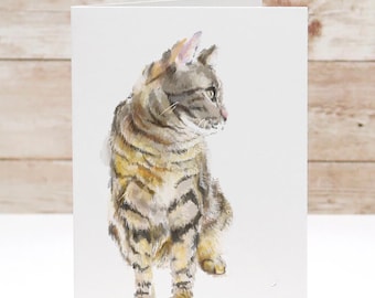 Grey Tabby Cat Blank Card – 4x6” Watercolor Art Print, Frameable Greeting Card for Cat Lovers