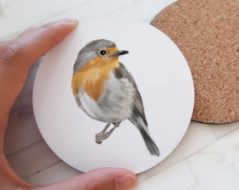 Robin Bird Coaster, Garden Watercolor Art, Cottagecore Kitchen Coffee Table Decor, Rustic Home Gift for Gardener, Woodland Bird Drink Mat