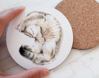 Sleepy Vibes Cat Coaster for Office Decor, British Shorthair Watercolor Art, Introvert Cozy Kitten Lover, Small Housewarming Gift