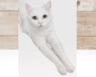 White Cat Greeting Card – Blank Note Card, Frameable Watercolor Art Print, Cat Lovers, Sympathy, Birthday or Thank You