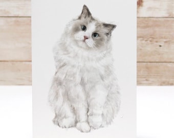 Ragdoll Cat Greeting Card – Watercolor Art Stationery, Cat Lovers, Birthday, Thank You, or All Occasion Gift – Handmade, Blank w Envelope