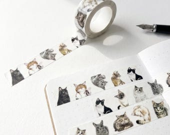 Cat Washi Tape, 2 Rolls | Grey Tabby and Siamese Cat Painting for Scrapbooking | Stickers for Journaling & Planners | Cat Lover Gift