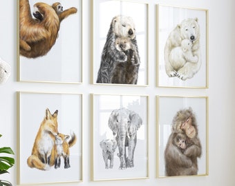 Mom and Baby Animal Nursery Art Print Set - Bundle Sale, Safari Watercolor Painting, Boho Minimalist Room Decor, Newborn Woodland Wall Art