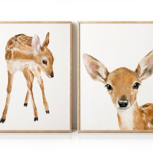 Arte de pared de cervatillo bebé, decoración de la habitación de la guardería Bambi, lindos animales del bosque, minimalista boho, pintura de bosque neutro para el dormitorio