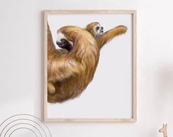 Baby Sloth n Mom Art Print, Boho Jungle Rainforest Themed Painting for Nursery Wall, Children Bedroom, Signed by Artist