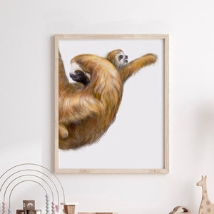 Sloth Mom and Baby Art Print, Boho Jungle Rainforest Themed Painting for Nursery or Children Bedroom, Signed by Artist