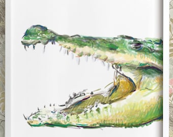Alligator Nursery Art - Crocodile Watercolor Painting - Safari Green Wall Print - Baby Boy room decor - Jungle Themed