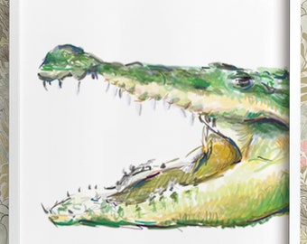 Alligator Nursery Art - Crocodile Watercolor Painting - Safari Green Wall Print - Baby Boy room decor - Jungle Themed