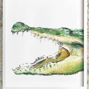 Alligator Nursery Art - Crocodile Watercolor Painting - Safari Green Wall Print - Baby Boy room decor - Jungle Themed