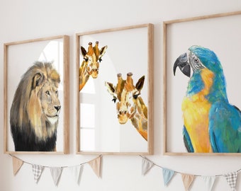 Safari Animal Watercolor Nursery Art Print Set - Zoo Wall Decor for Boys - Mix and Match, Set of 3, Signed by Artist