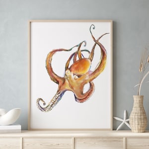 Vibrant Octopus Watercolor Art - Original Minimalistic Colorful Ocean Marine Animal Wall Decor, Tropical Wall Painting, Signed by Artist