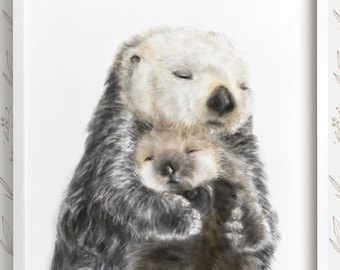 Baby Otter Nursery Wall Art – Son n Mom Coastal Ocean Animal Print, Gender Neutral Bedroom, Sea Life Beach Watercolor Painting for Boy Mum