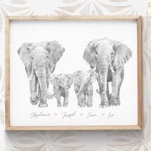 Personalized Elephant Family Portrait Print – Custom Names Wall Art for Mom, Dad, Mother-in-Law, Baby Shower, Cute Newborn Nursery Room