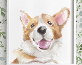 Happy Corgi Dog Wall Art - Pembroke Welsh Puppy Modern Watercolor Painting, Signed by Artist