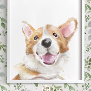 Happy Corgi Dog Wall Art - Pembroke Welsh Puppy Modern Watercolor Painting, Signed by Artist