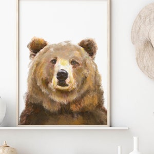 Pintura de acuarela de oso grizzly - Forest Cabin Jungle Mountain Woodland Nursery Decor - Impresión minimalista de arte animal lindo - Firmado por artista