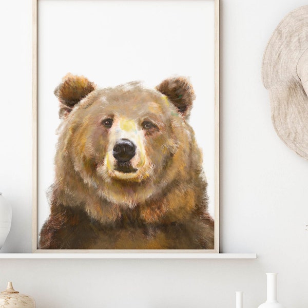 Peinture aquarelle grizzly - cabane dans la forêt, jungle montagne, chambre d'enfant boisée - impression d'art animalier mignon minimaliste - signée par l'artiste