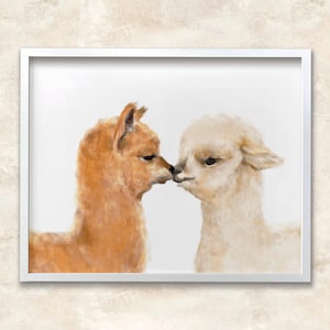 Kunst aan de muur alpaca kus – poster boho lama koppel, schattige dieren knuffels en kusjes, verjaardag verlovingscadeau voor vrouw, romantische liefde