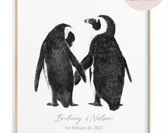 Personalized Valentines Day Gift - Penguin Wall Art for Couple, Anniversary Wedding Unique Art Print, for Wife, for Husband, Missing You