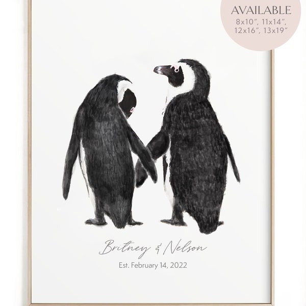 Personalized Valentines Day Gift - Penguin Wall Art for Couple, Anniversary Wedding Unique Art Print, for Wife, for Husband, Missing You